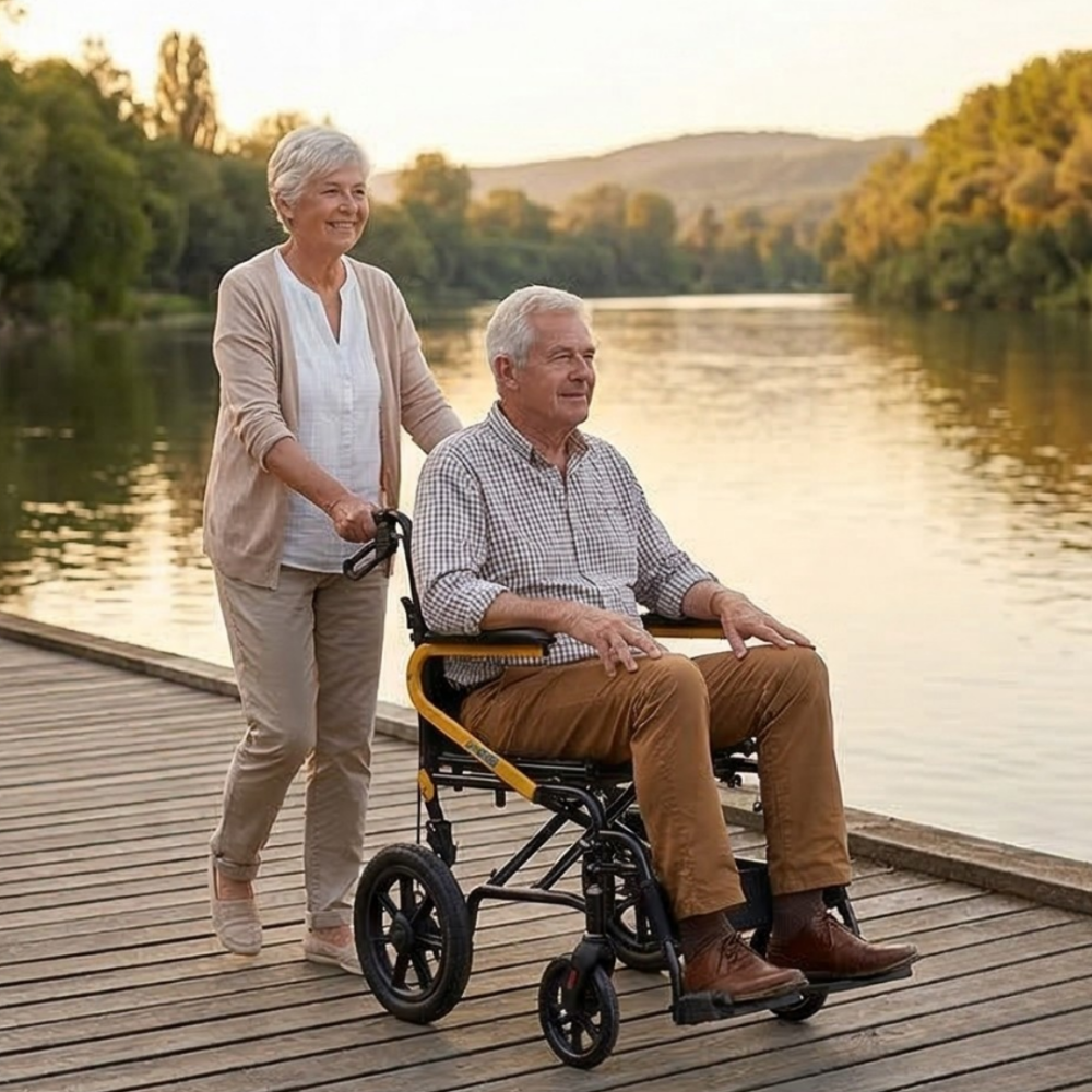 Lifestyle shot of a caregiver comfortably pushing a man in the MOBB transport chair along a scenic outdoor path.